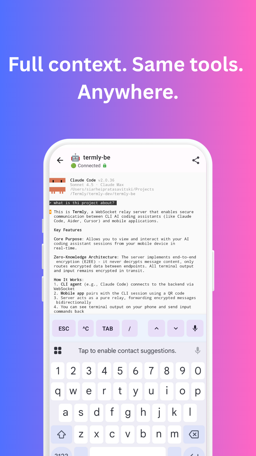 Claude Code running on iPhone showing AI-powered terminal interface with code suggestions and real-time responses